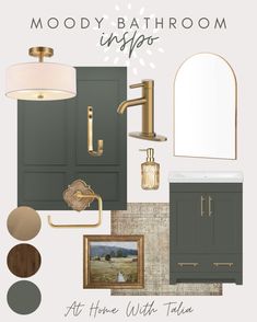 the mood board for an interior design project with gold accents and gray cabinets, including a mirror