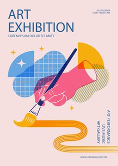 an art exhibition poster with a hand holding a paintbrush