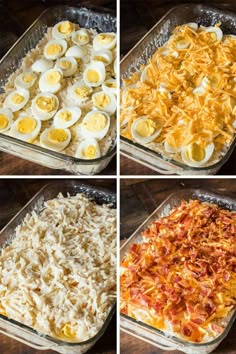 four different stages of making an egg and rice casserole