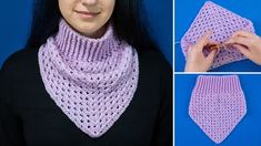 a woman wearing a purple crochet scarf and holding a pencil in her right hand