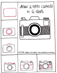 the drawing shows how to draw a camera in 6 steps