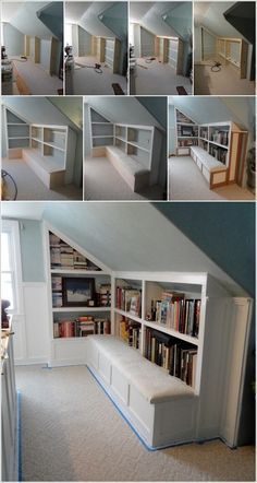 there are many pictures of bookshelves in the room with no one inside them