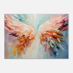 an abstract painting with large, colorful wings painted on the canvas in blue and orange tones