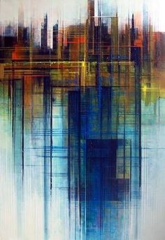 an abstract painting with blue and yellow colors