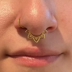 a close up view of a woman's nose with a gold nose ring