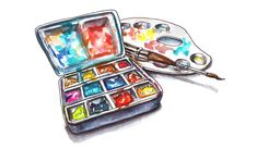 an artist's palette and watercolors on a white background