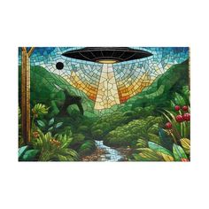 a stained glass window with an alien ship floating in the sky above trees and bushes