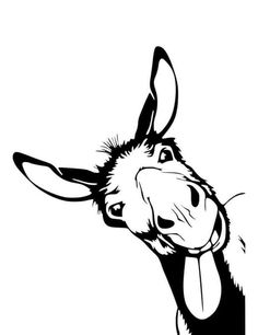 a black and white drawing of a donkey's head with its tongue hanging out