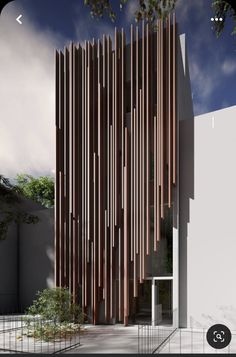 an architectural rendering of a building with vertical slats on the side and trees in front