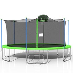 a green and blue trampoline with a basketball hoop on the back ground, in front of a white background