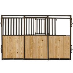 a wooden gate with metal bars on the top and bottom part, against a white background