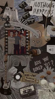 a collage of various items and pictures with words written on them, including an electric guitar