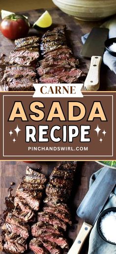 grilled steaks on a cutting board with garlic and tomatoes in the background