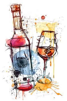 a bottle of wine next to a glass filled with red liquid and watercolor splashs