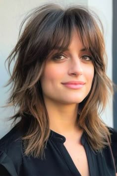 Brown Shag With Curtain Bangs Medium-Length Hairstyle. Shag Haircuts For Medium Hair, Shag Hairstyles Medium Thick Hair, Current Hairstyles 2024, Layered Shag With Curtain Bangs, Shoulder Length Shag, Medium Length Shag Haircuts, Fun Haircuts, Corte Shaggy, 2024 Haircuts