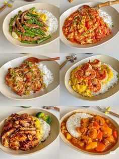 six plates with different types of food in them on a white table top, including rice and vegetables