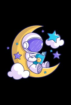 an astronaut sitting on the moon reading a book with stars and clouds in the background