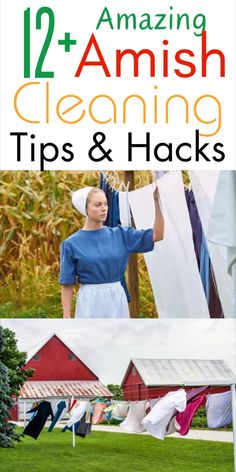 two pictures with clothes hanging out to dry and the words, 12 amazing cleaning tips & hacks