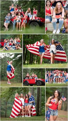 some people are posing with american flags in the grass and one person is holding an american flag