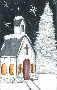 a drawing of a church in the snow with a christmas tree and stars above it