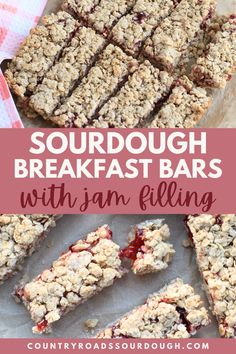 some food that is sitting on top of a table with the words sourdough breakfast bars