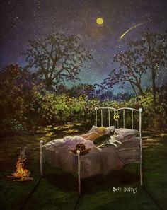 a painting of a bed in the woods at night