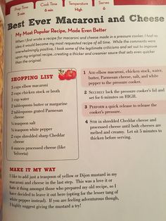 a recipe book with instructions for making macaroni and cheese