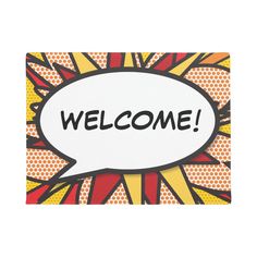 an image of a welcome sign with comic style speech bubble in the center on white background