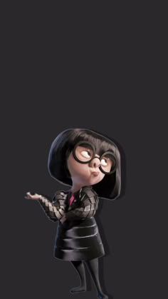 a cartoon character with glasses and a black dress, standing in front of a dark background