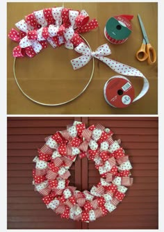 two pictures with different items on them and one has a wreath made out of ribbon