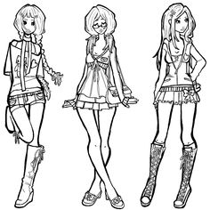 three cartoon girls with long hair and boots