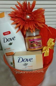 an orange basket filled with lots of different items