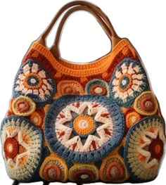 a crocheted purse is sitting on a stand and has an orange, blue, yellow, and white design