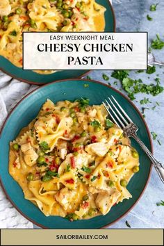 two plates of pasta with chicken and peas on them, next to the title saying easy weeknight meal cheesy chicken pasta