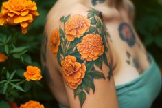 a woman with flowers on her arm and chest is shown in the instagramt