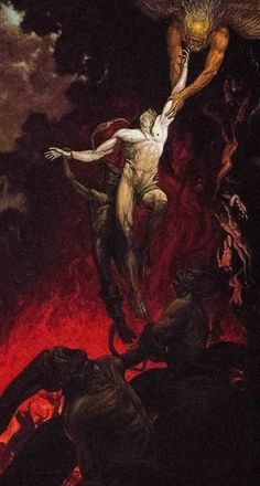 an image of a painting that looks like it is being taken from the sky by a demon