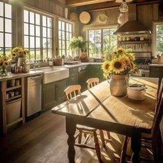 sunflowers are in a vase on the kitchen table next to an oven and sink