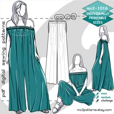 Digital-PDF pattern for sewing a Loose-fit Off-Shoulder Maxi Playsuit/Jumpsuit-Dress/Caftan. Comfy and elegant, the garment fit is suitable for mums-to-be's delicate time, though it suits most ladies on many occasions.   Inspired by Free-People design: https://www.freepeople.com/shop/mexicali-maxi-one-piece/?color=001&quantity=1&type=REGULAR Sizes: XS-S-M-L-XL-2XL To find out which size fits you best - use our MC2 Body Measurements Chart as your size guide (see picture). MATERIALS: Lightweight j Ropa Upcycling, Pants Sewing, Pants Sewing Pattern, Playsuit Dress, Sew Ins, Diy Blouse Pattern, Couture Mode, Fashion Sewing Pattern, Diy Sewing Clothes