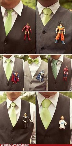 six different pictures of men in suits and ties with small toy figures on their lapels