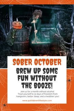 an orange and white flyer for a halloween party with a woman in a witches costume