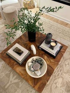 a coffee table with books and plants on it