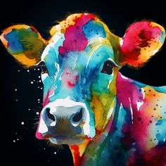 a painting of a colorful cow on a black background