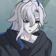 an anime character with white hair and blue eyes wearing a black hoodie looking at the camera