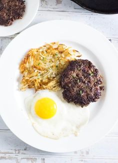 an egg and hash browns on a white plate