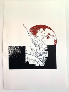 a red and black painting on white paper with the moon in the distance behind it