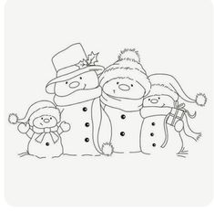 three snowmen with hats, scarfs and mittens are standing in the snow