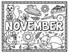 the november coloring page is filled with pictures and words that include animals, flowers, and leaves