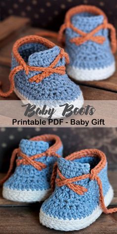 baby booties crocheted with orange and blue yarn