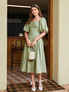 Casual Dresses Green, Puff Sleeve A Line Dress, Cute Summer Dresses With Sleeves, Green Summer Outfits For Women, House Warming Dress Ideas For Women, Green Short Dress Outfit, Short Sleeves Designs For Dresses, Pastel Green Dress Outfit, Plain Dresses Designs