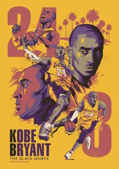 the poster for kope bryant's basketball game is shown in purple and yellow